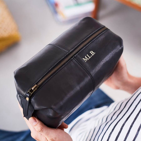 Black leather wash bag with personalisation