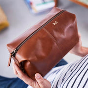 Embossed buffalo leather tan wash bag for bathroom