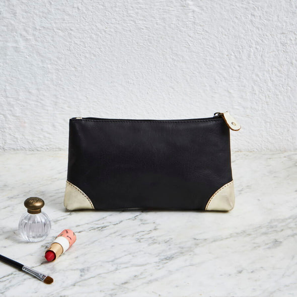 Black with gold corners leather make-up bag