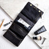 black hanging mens leather wash bag open