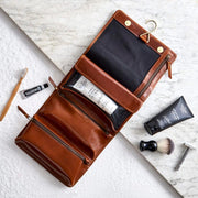 Brown hanging mens leather washbag
