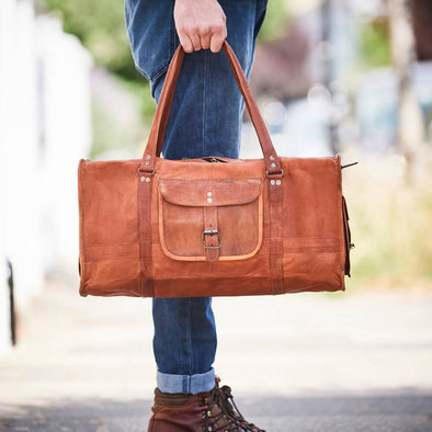 Tan brown leather duffel bag large side view