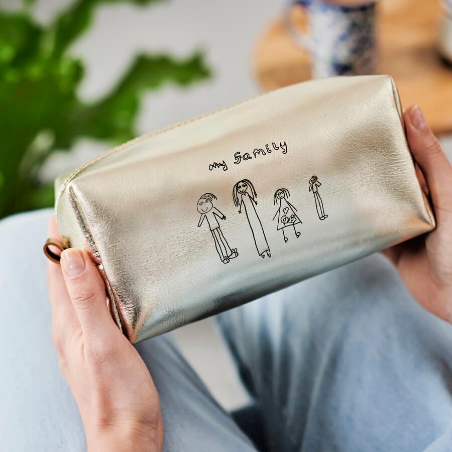 Womens wash bag with childs masterpiece laser engraved Gold Leather