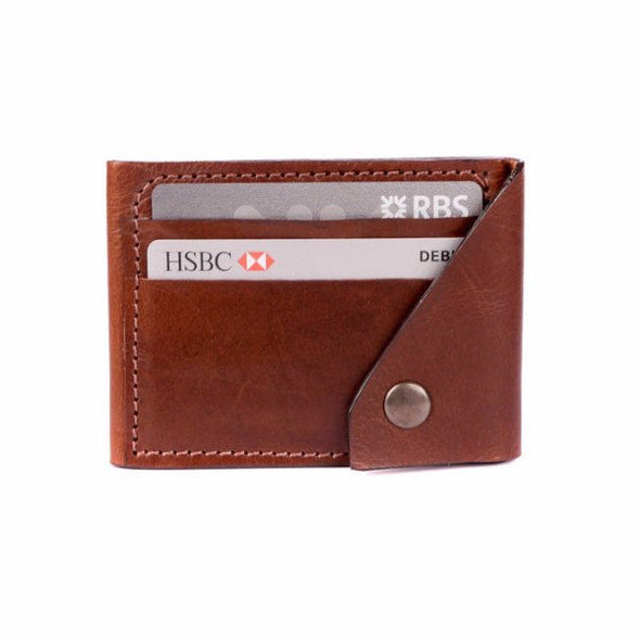 Leather Popper Credit Card Wallet Dark Tan