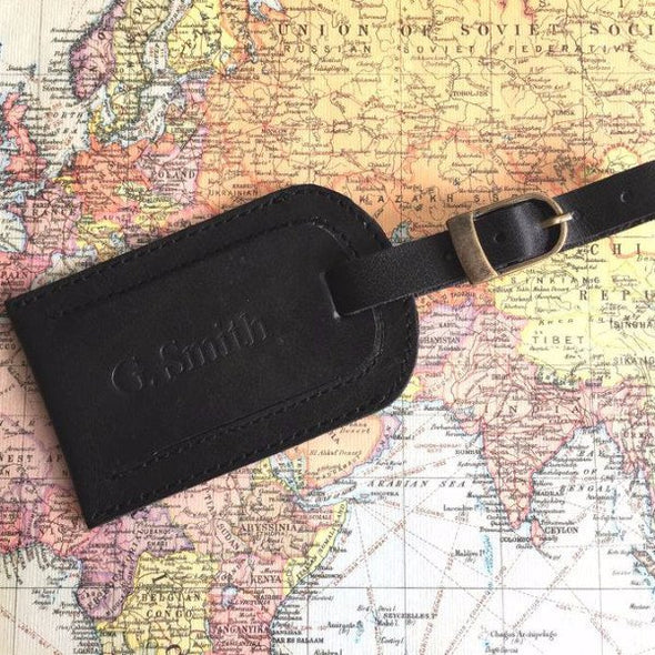 Black Leather Luggage Tag Map