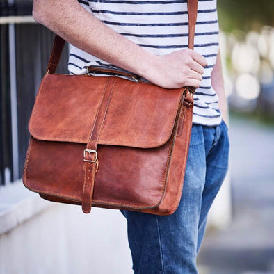 Vintage style leather laptop shoulder bag for men