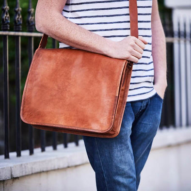 Large leather messenger bag for men in brown/tan
