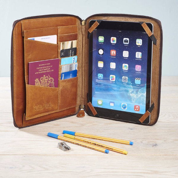 Leather iPad Case Organiser Tan