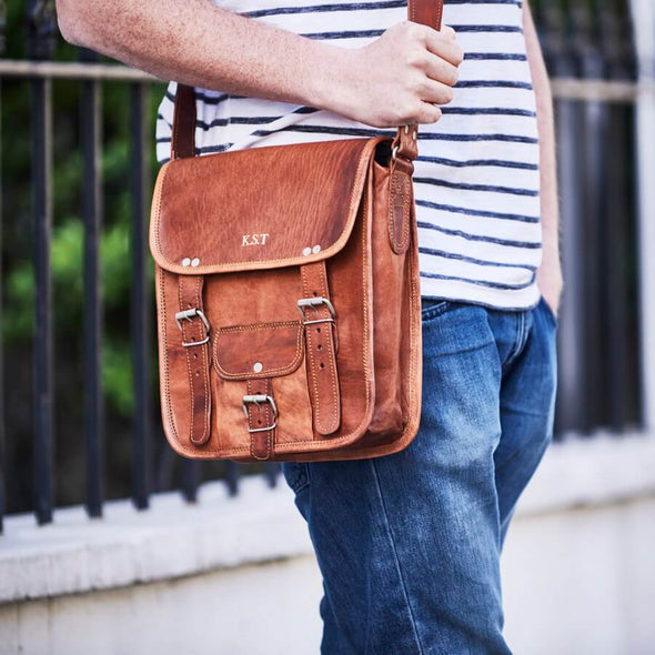 Mens small long leather satchel with personalised embossing