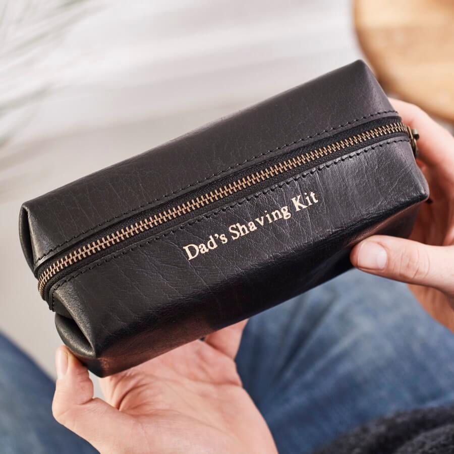 Black leather shaving kit with embossing 