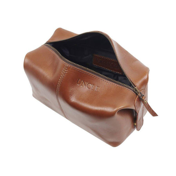 Leather Wash Bag Dark Tan open