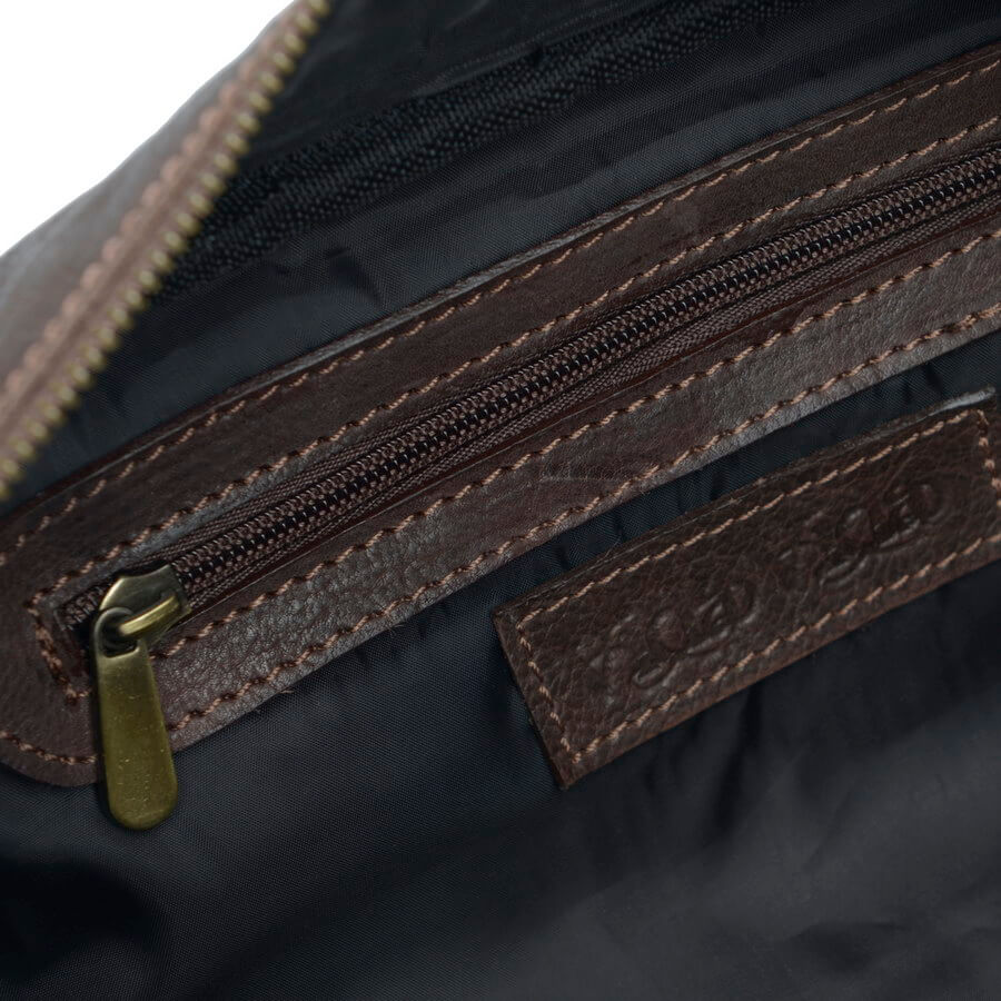Inside of dark brown leather wash bag