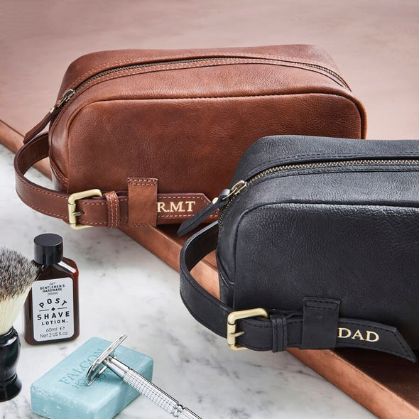 Blakc and brown leather washbags with handle and personalisation