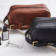 Buckle mens leather washbag in black and tan