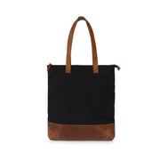 Black and tan leather and canvas mix ladies tote bag