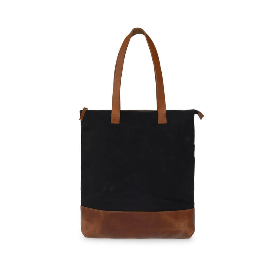 Black and tan leather and canvas mix ladies tote bag