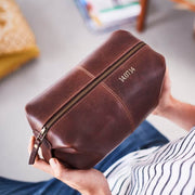 Dark tan brown leather wash bag with personalised message