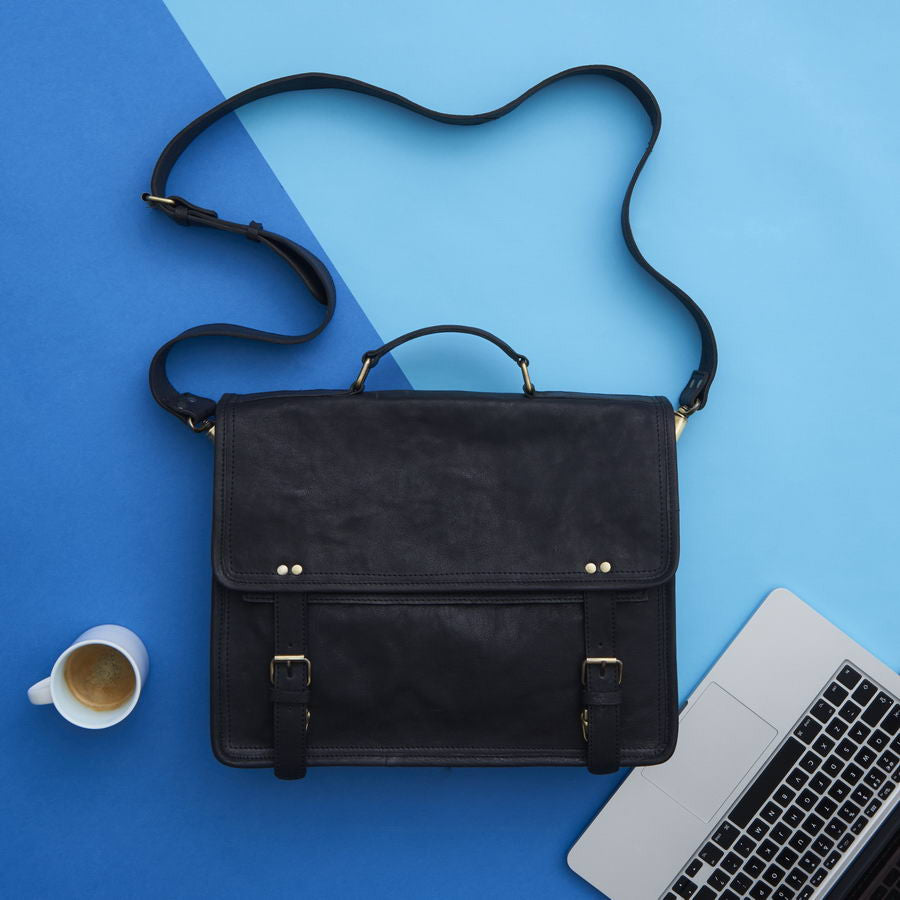 Black leather laptop bag styled