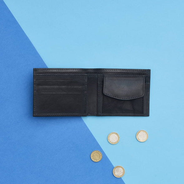 Leather Wallet with Coin Section Black with coins