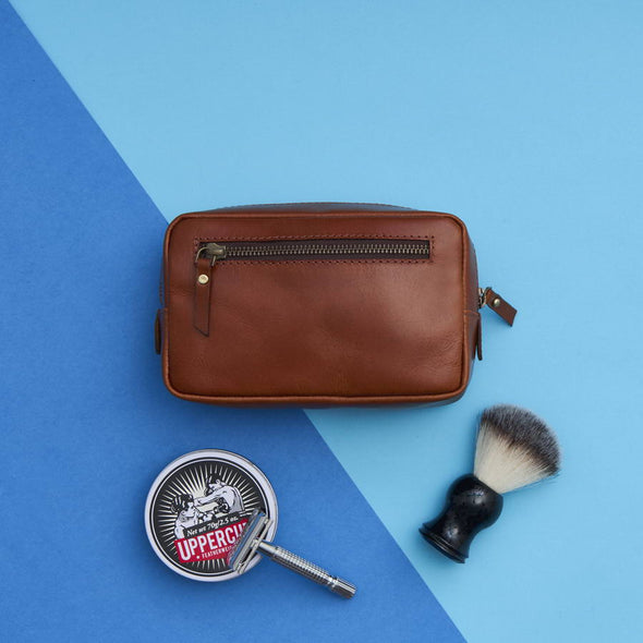 Brown leather shaving kit