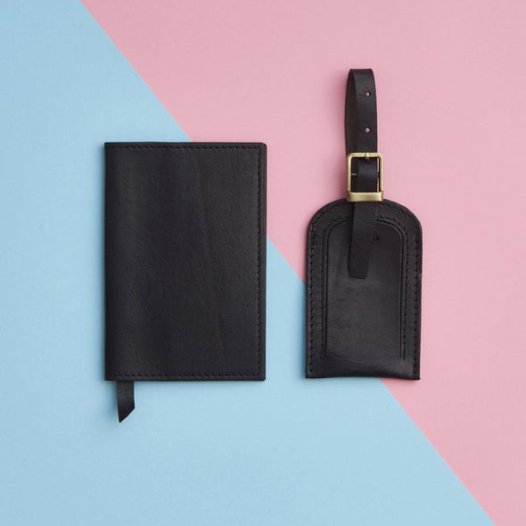 Leather Travel Set Black luggage tag and passport cover