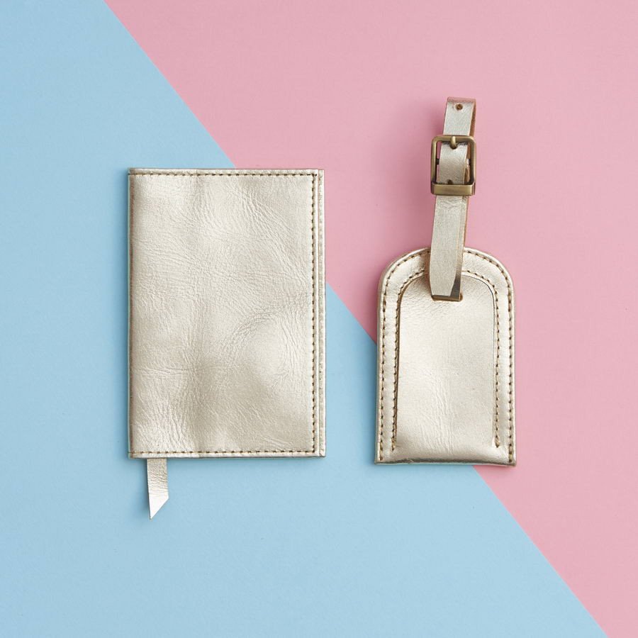 Leather Travel Set Metallic Gold passport cover and luggage tag
