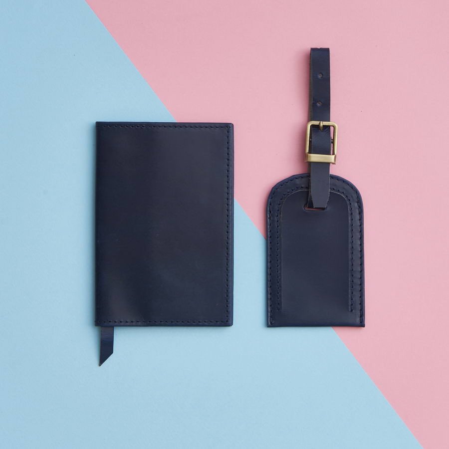 Leather Travel Set Navy passport cover and luggage tag