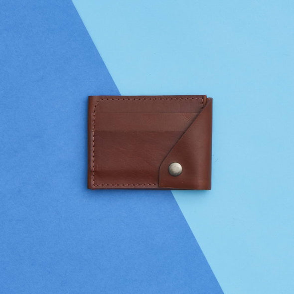 Leather Popper Credit Card Wallet Dark Tan