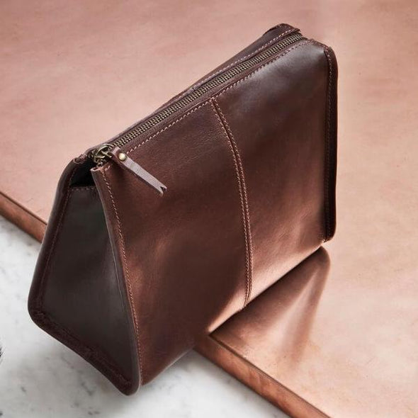 Dark brown leather wash bag for women 