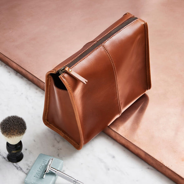 Tan leather washbag to be personalised for men