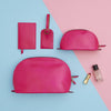 Bright pink ladies leather travel set makeup bag and more