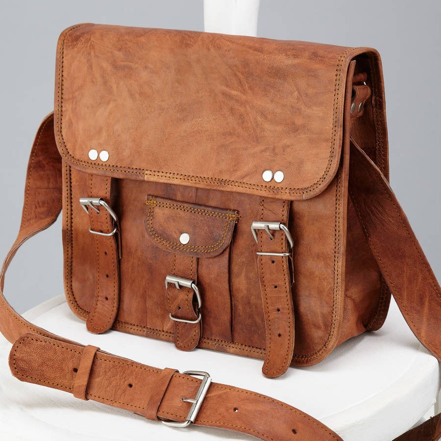 Leather Satchel with Front Pocket Midi