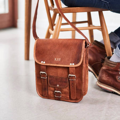 Mens midi long leather satchel with front pocket and initials
