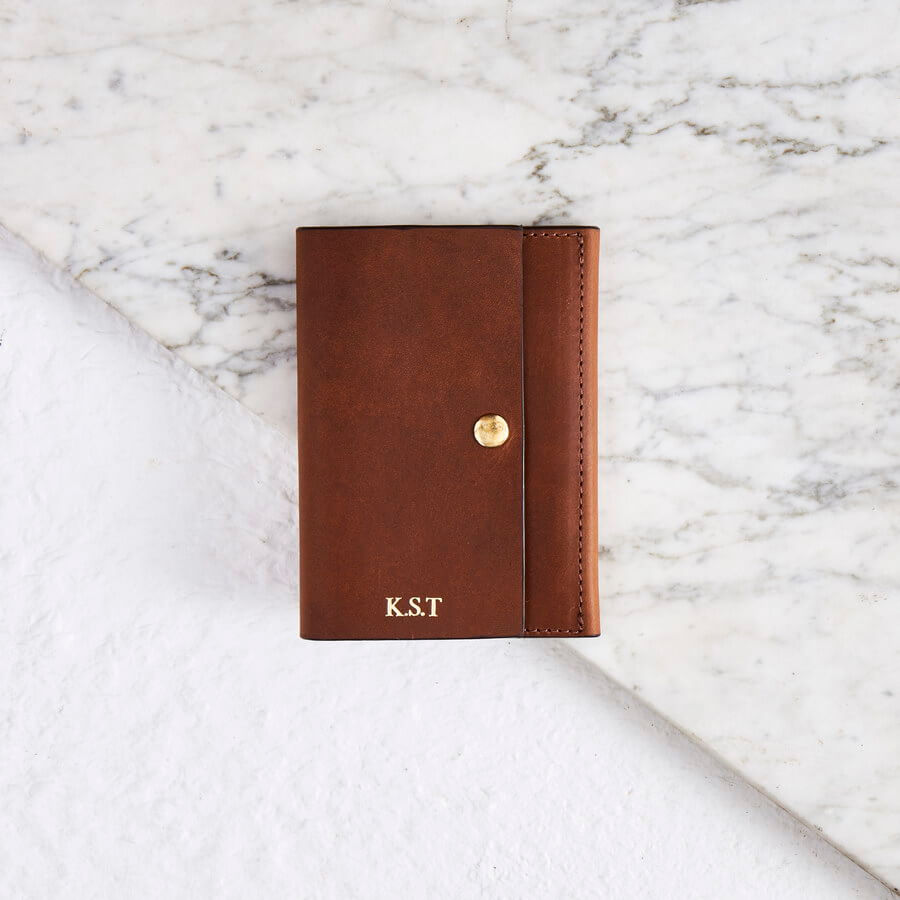 Passport cover tan leather with personalised message