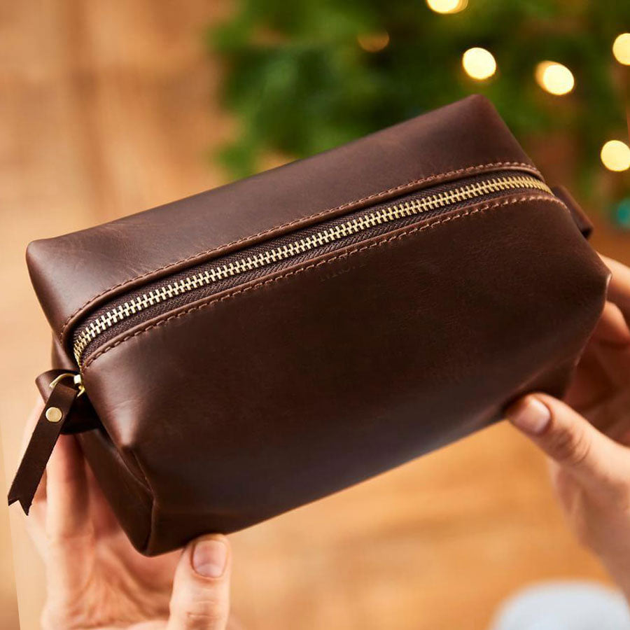 Personalised leather toiletry bag hotsell