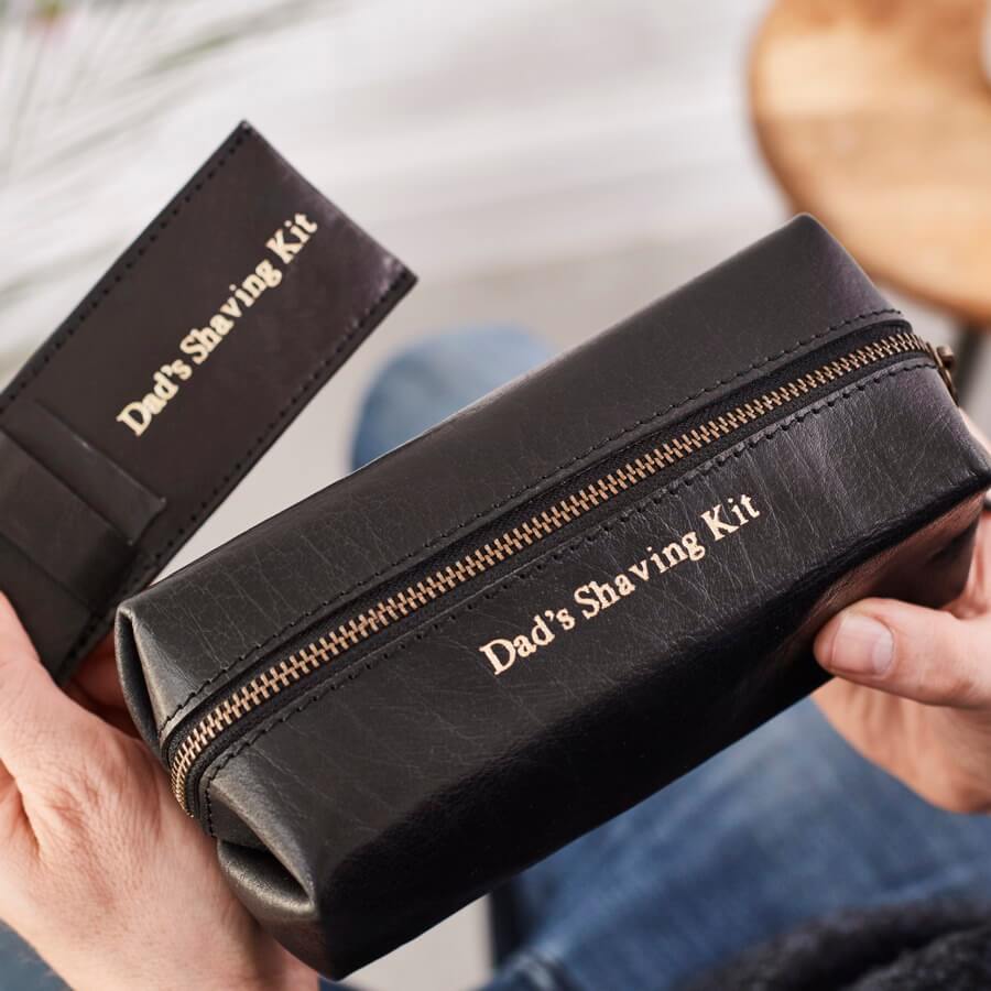 Black leather shaving kit