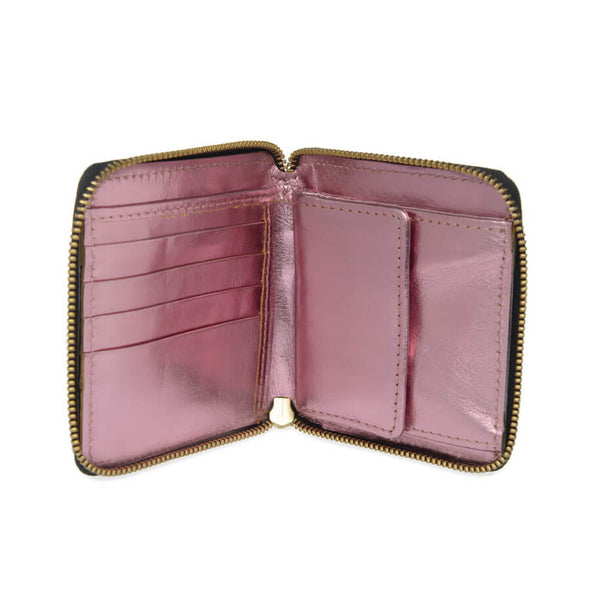 Open wallet purse in metalic pink leather