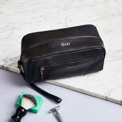 Real leather black wash bag with personalised message
