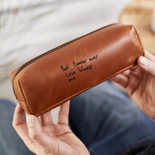 teacher present pencil case embossed in tan