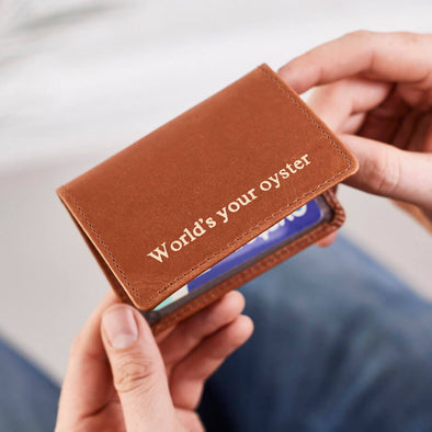 Leather Oyster Travel Card Holder in Tan with Gold embossing