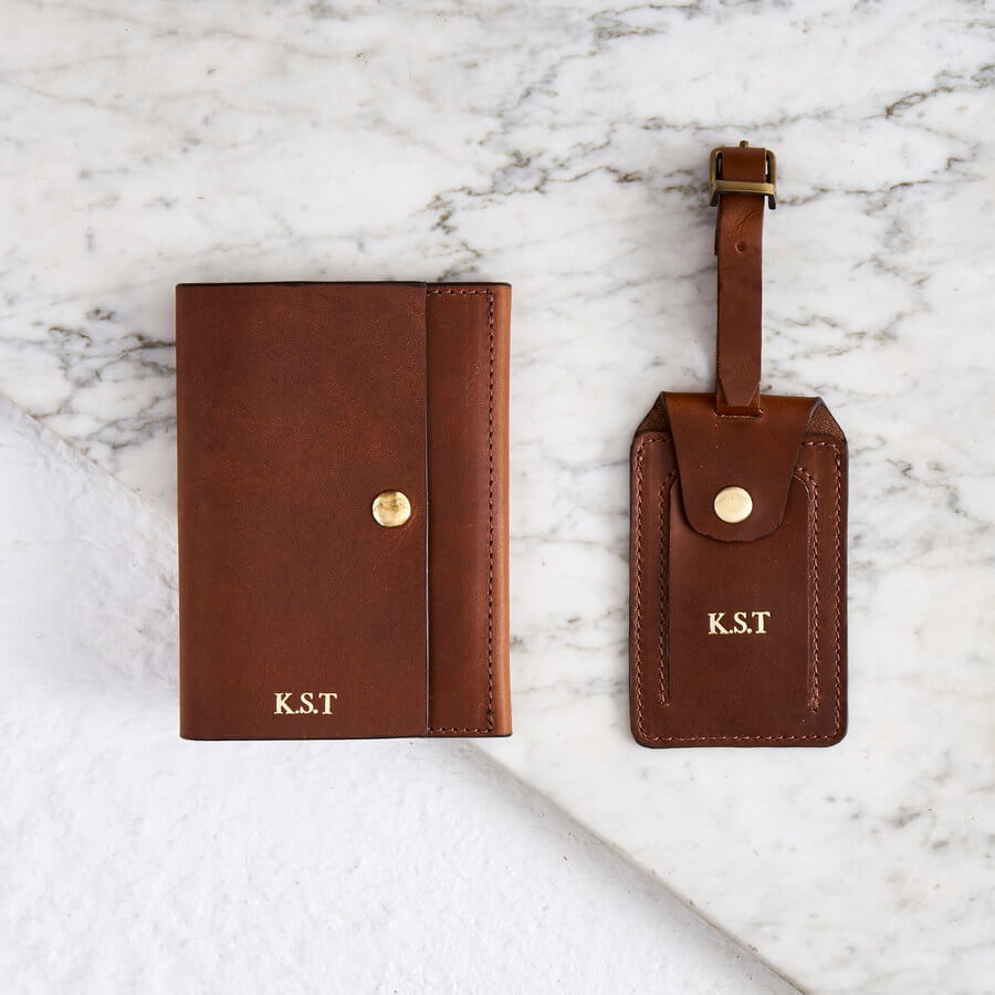 Personalized Monogrammed Antique Saddle Leather Passport Wallet and Luggage Tag