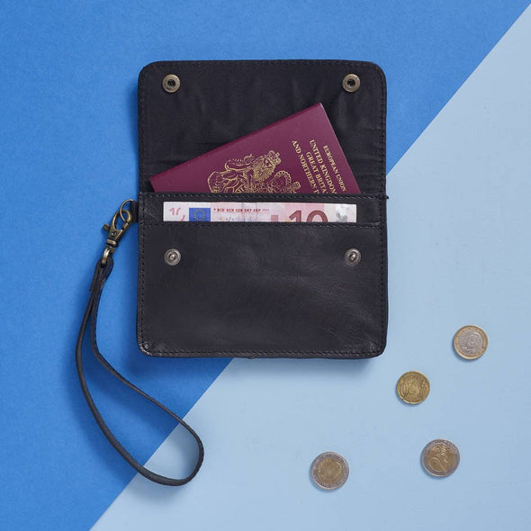 Leather Travel Wallet Black with coins