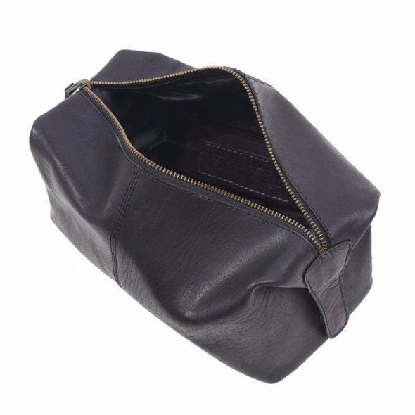 Usher Leather Wash Bag Black open