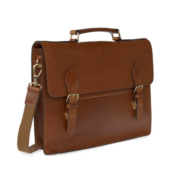 Tan leather brown laptop bag cutout briefcase style
