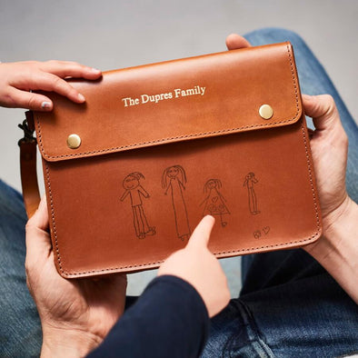 Personalised Tan Leather Family Travel Wallet with laser engraved drawing