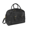 Black leather travel bag with outside pocket, handles and strap