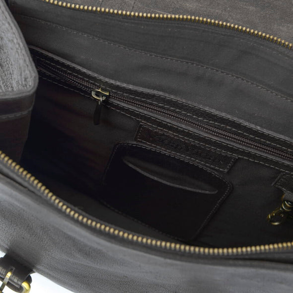 Inside view of black leather backpack