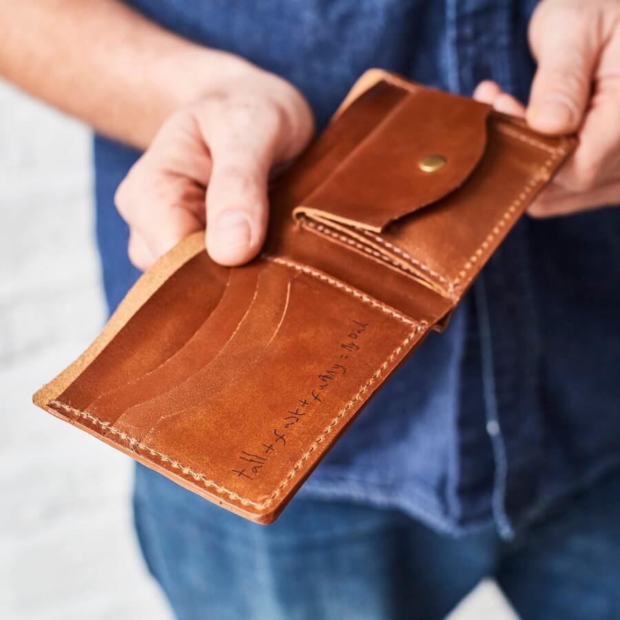Laser etched message wallet in tan leather