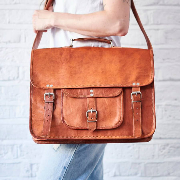 Large leather satchel with handle and pocket