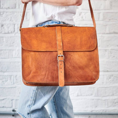 Leather satchel laptop bag tan brown